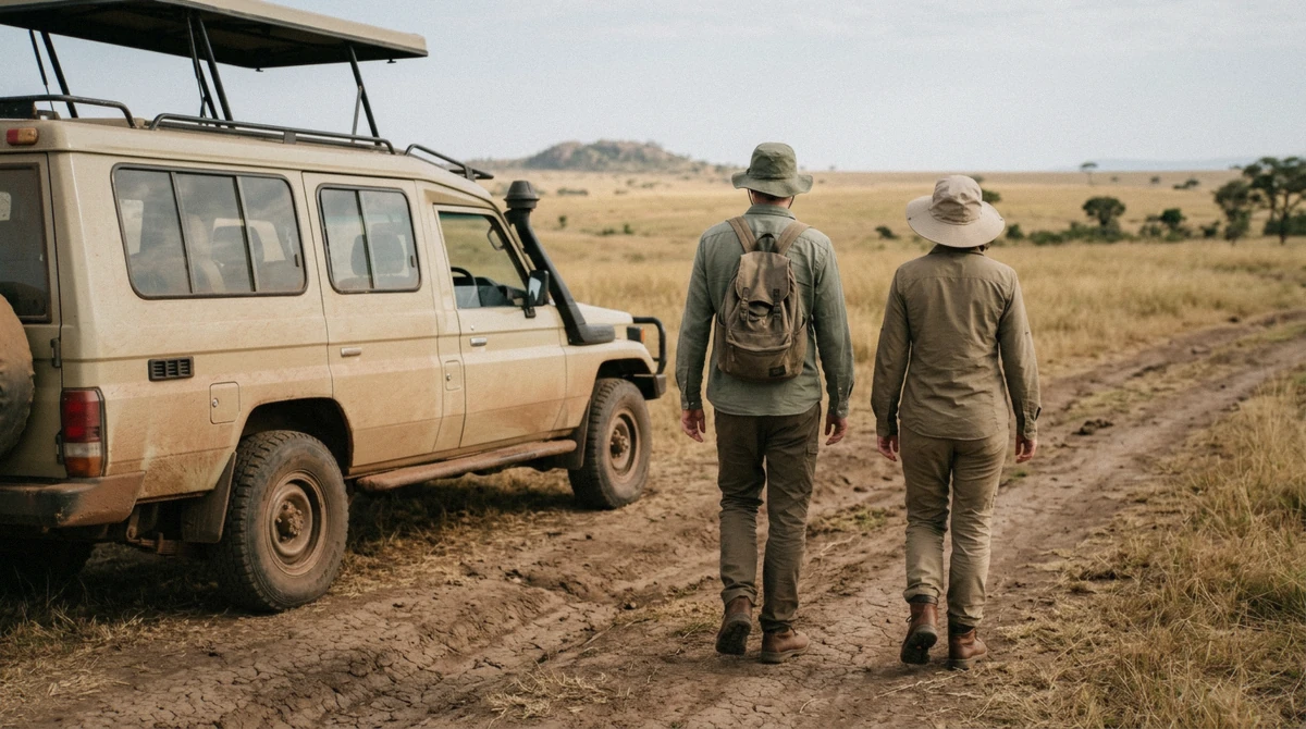 Two travellers in neutral khaki and olive layers with wide-brim hats walking beside a safari vehicle, dressed for Serengeti safari packages