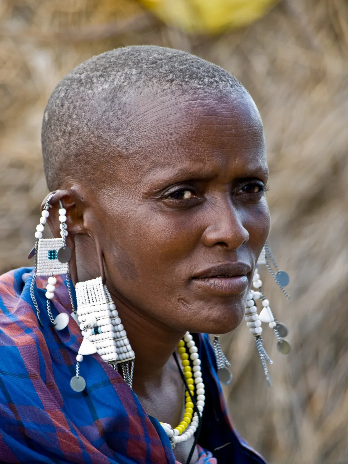 A Maasai woman in beaded jewellery and a checked shawl, photographed in Tanzania, on a trip like Serengeti safari packages